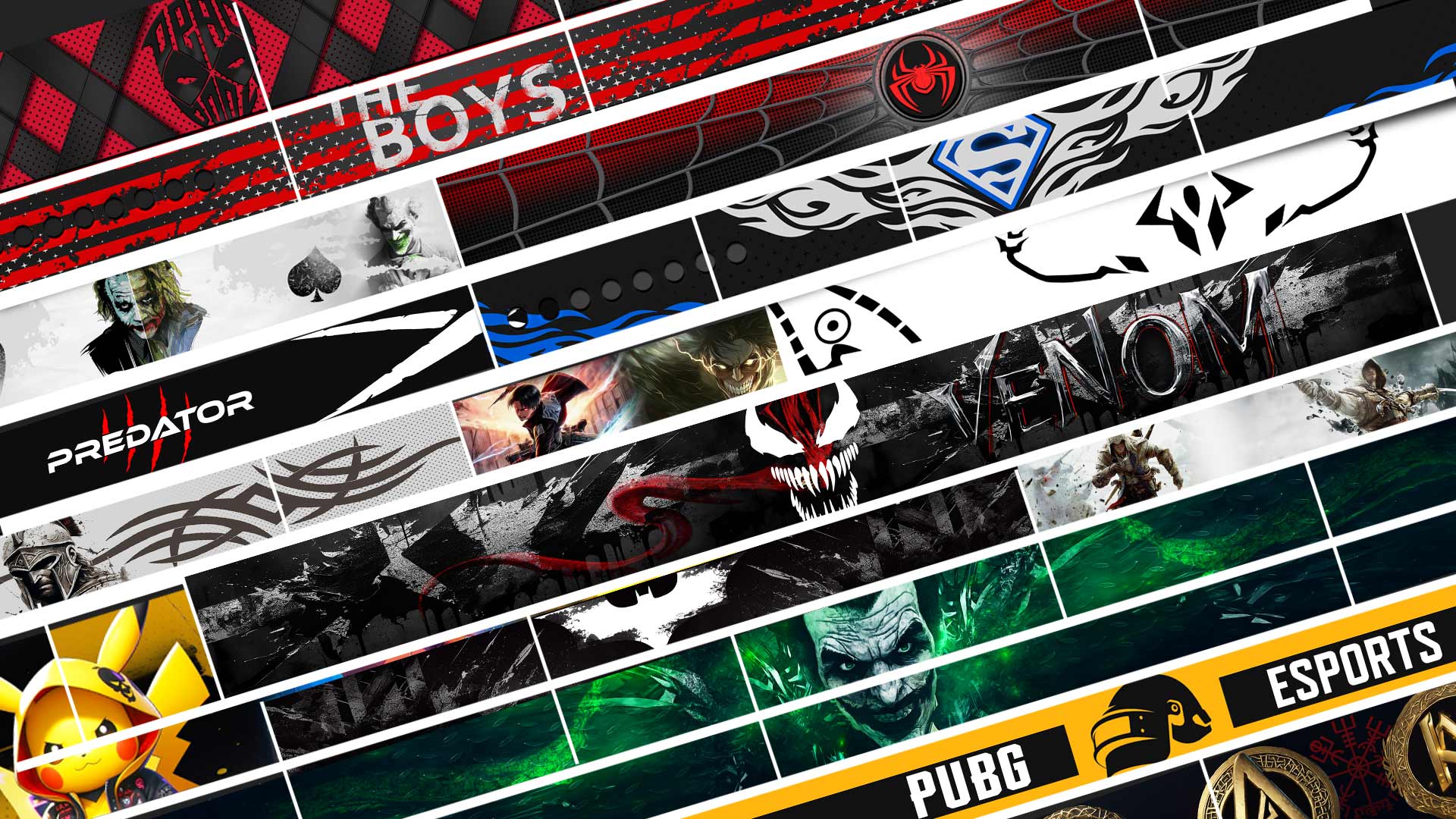 Custom-Weightlifitng-Belt-Banner Custom weightlifting belt banner with Dynamic collage of pop culture and gaming themes, featuring logos and artwork from The Boys, Predator, Venom, Batman, Superman, Spiderman, Assassin’s Creed, PUBG, Pikachu, Joker, and Esports, arranged in bold diagonal stripes.