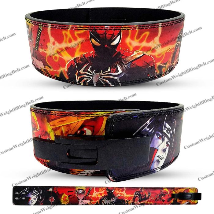 A black leather weightlifting belt with a colorful design featuring Spider-Man and Naruto characters.