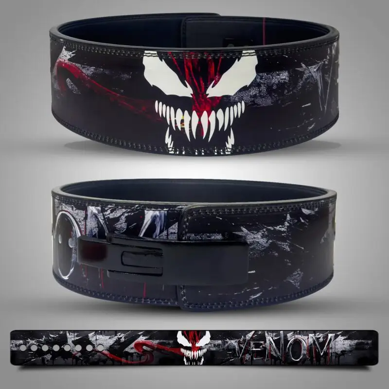 A custom weightlifting belt featuring a Venom-inspired design.