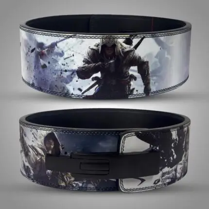 A custom weightlifting belt featuring artwork inspired by Assassin's Creed.