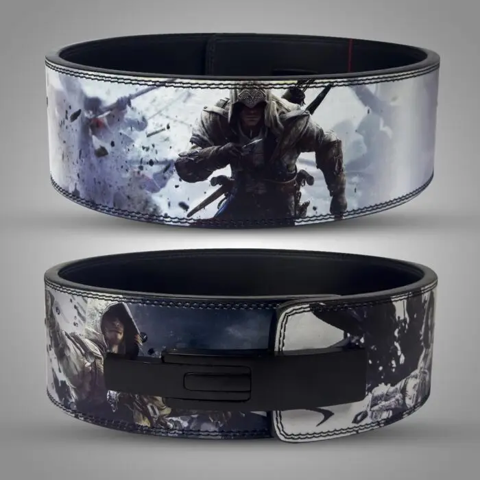 A custom weightlifting belt featuring artwork inspired by Assassin's Creed.