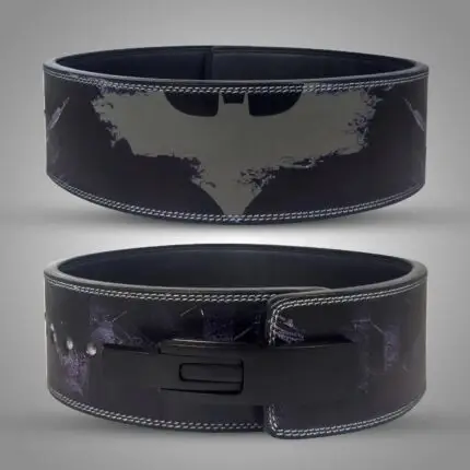 A custom weightlifting belt featuring a Batman-inspired design.