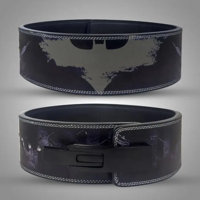 A custom weightlifting belt featuring a Batman-inspired design.