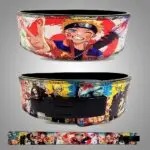 A Naruto leather weightlifting Lever belt featuring a vibrant image of Naruto and other popular anime characters, with a red buckle and contrasting stitching.