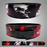 A black leather weightlifting belt featuring a vibrant image of Naruto and his team, with a red buckle and contrasting stitching.