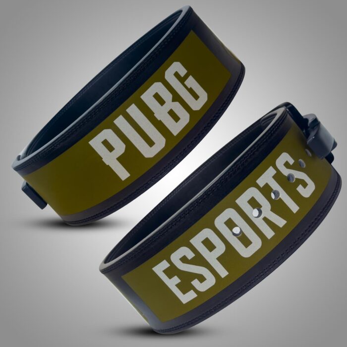 A custom lifting belt featuring the words "PUBG" and "ESPORTS" in bold white letters on a dark background. The belt is designed for gaming enthusiasts who enjoy fitness.