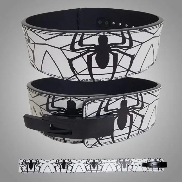 A white custom weightlifting belt featuring a black spider emblem and web design, with a sturdy black buckle for secure fastening.