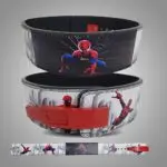 A Spiderman weightlifting belt featuring a vibrant image of Spider-Man in action, with a red buckle and contrasting stitching.