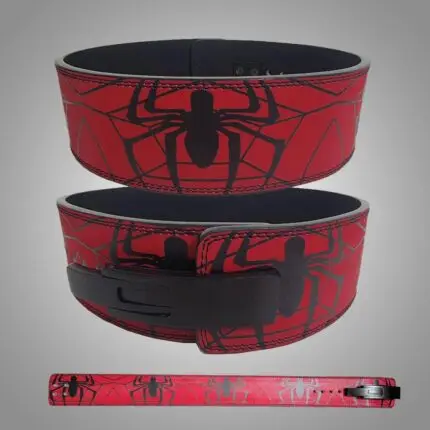 A red weightlifting belt with a black spider design and a secure black buckle.