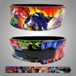 A vibrant Custom weightlifting belt featuring colorful characters Goku And Vageta from an anime Dragon Ball , with a sturdy black buckle for secure fastening.