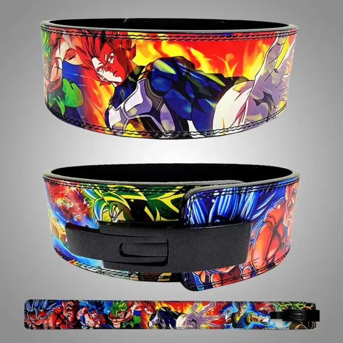 A vibrant Custom weightlifting belt featuring colorful characters Goku And Vageta from an anime Dragon Ball , with a sturdy black buckle for secure fastening.