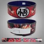 A black leather weightlifting belt featuring a vibrant image of Goku from Dragon Ball Z, with a red buckle and contrasting stitching.