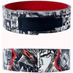 Front view of the Berserk Powerlifting Lever Belt featuring manga-inspired artwork, premium leather, and a heavy-duty lever buckle for secure lifting support. Back view of the Berserk Powerlifting Lever Belt showcasing detailed manga artwork, double-stitched edges, and adjustable holes for a custom fit.