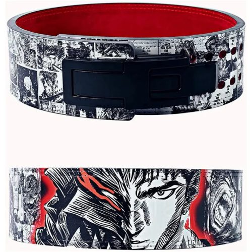 Front view of the Berserk Powerlifting Lever Belt featuring manga-inspired artwork, premium leather, and a heavy-duty lever buckle for secure lifting support. Back view of the Berserk Powerlifting Lever Belt showcasing detailed manga artwork, double-stitched edges, and adjustable holes for a custom fit.
