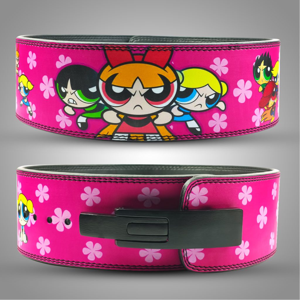 Powerpuff Girls weightlifting belt with colorful design and Black lever buckle