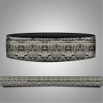 A decorative Tribal Pattern Weightlifting belt shown in two views: one from above revealing its rounded, black top, and one from the side displaying a patterned band with repeating geometric shapes—triangles, diamonds, and floral motifs—in black, white, and gray.