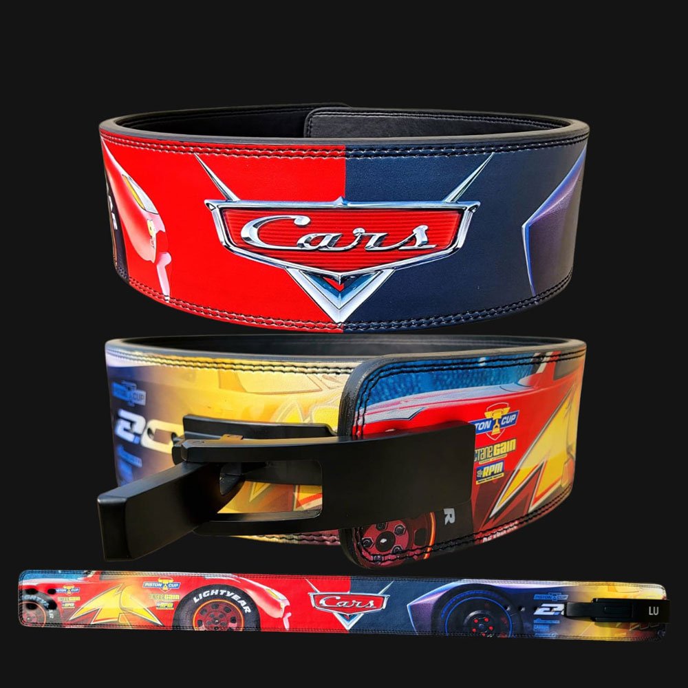 Cars-Weightlifting-Belt Lightning McQueen weightlifting belt with red racing design and car-inspired graphics.