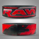 RAW weightlifting belt with red and black leather design and lever buckle.