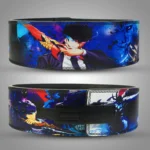 Solo Leveling anime weightlifting belt featuring Sung Jin-Woo artwork with glowing blue effects and black lever buckle.