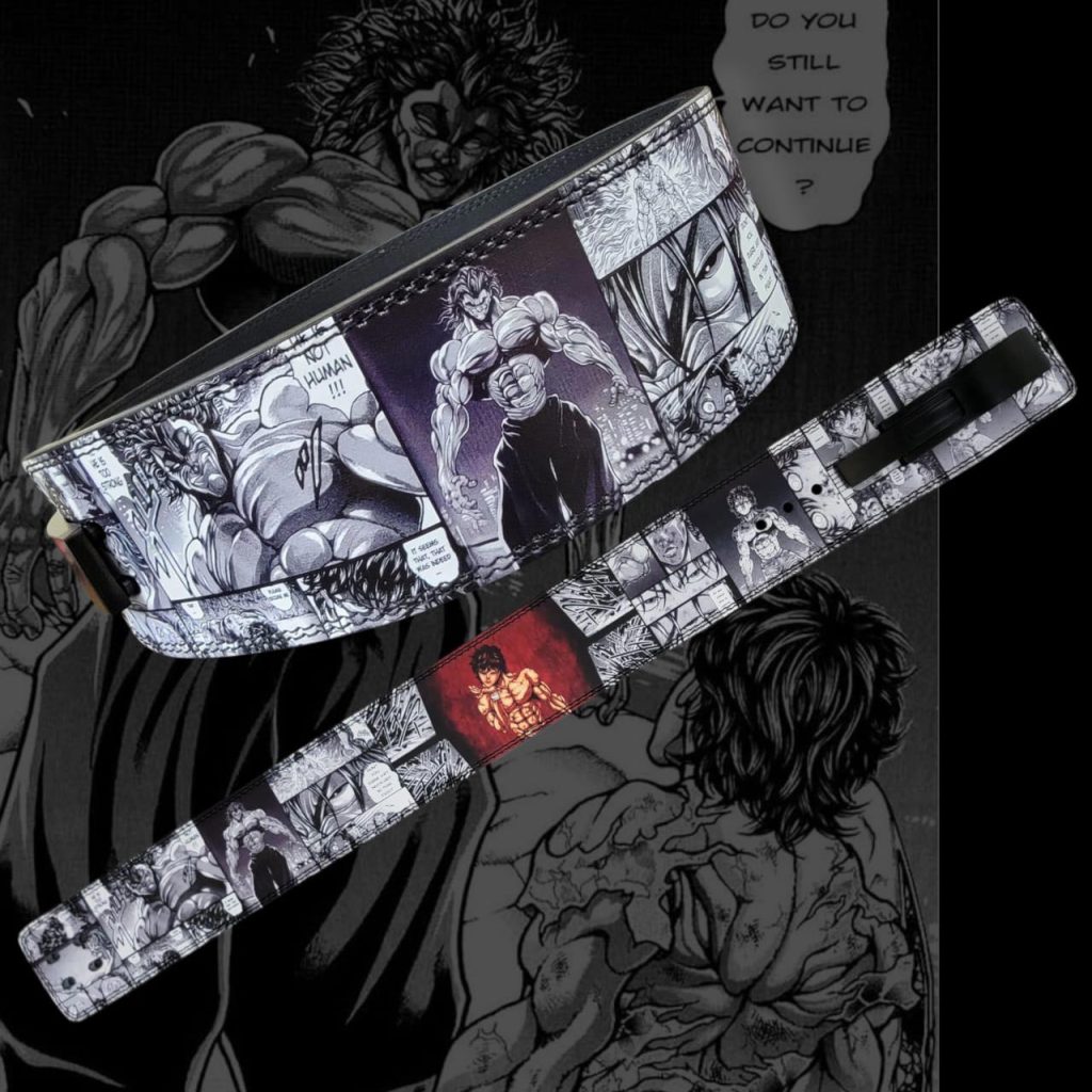 Close-up of weightlifting belt featuring Baki-inspired muscular character and manga panels