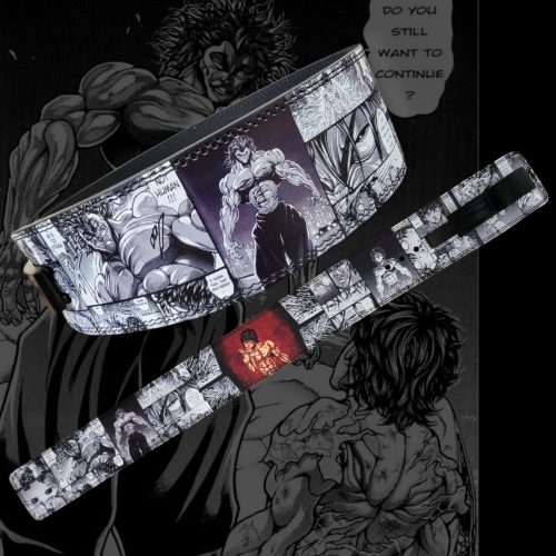 Close-up of weightlifting belt featuring Baki-inspired muscular character and manga panels