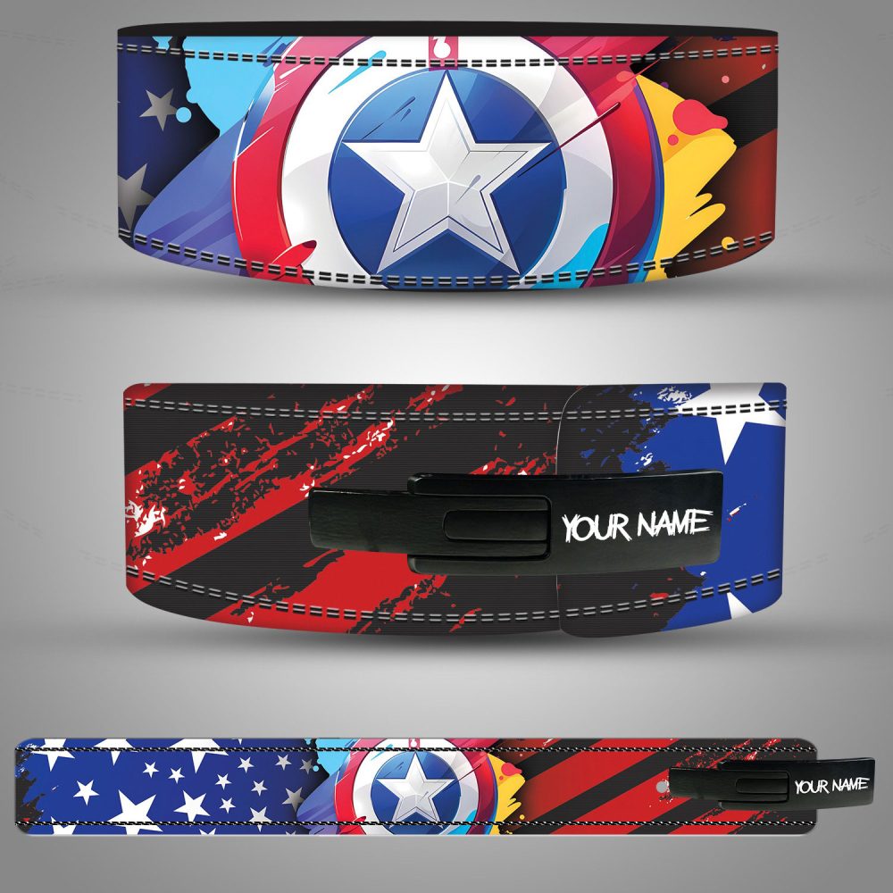 Captain America shield design weightlifting belt with American flag accents and custom name option.
