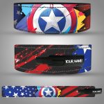 Captain America shield design weightlifting belt with American flag accents and custom name option.