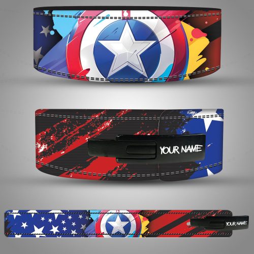 Captain America shield design weightlifting belt with American flag accents and custom name option.