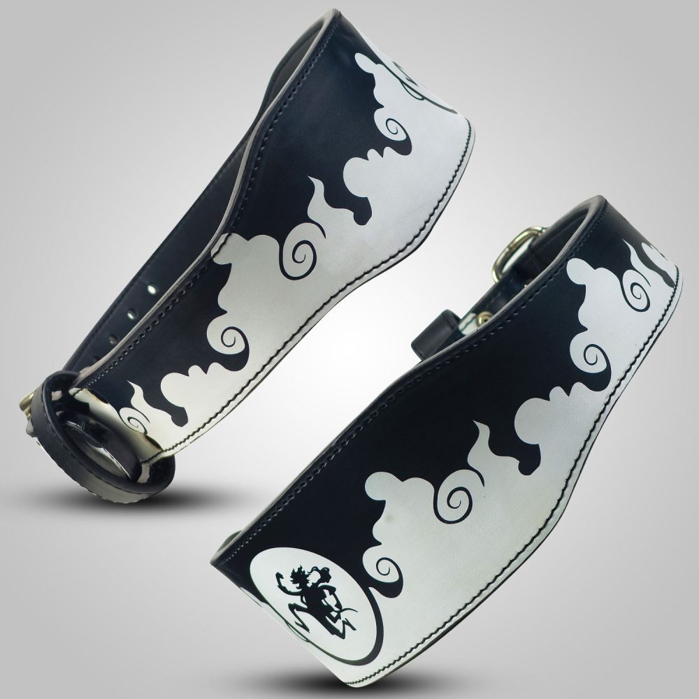 Black leather weightlifting belt with white smoke-style design and anime character Luffy.