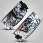 Berserk manga-style leather weightlifting belt featuring Guts with black-and-white comic panels and red Berserk logo.