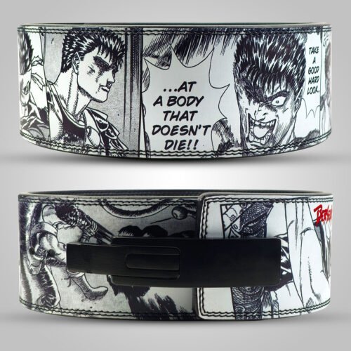 Berserk manga weightlifting belt featuring Guts in black-and-white comic panels with red Berserk logo design.
