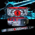 Berserk-themed SBD buckle weightlifting belt featuring Guts artwork, detailed skull pattern, and Japanese text on a premium leather design.