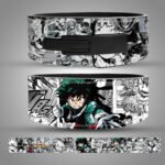 My Hero Academia weightlifting belt featuring Deku in action with manga panel background and black SBD-style buckle.