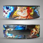 Dragon Ball Goku and Vegeta weightlifting belt featuring dynamic anime artwork and heavy-duty black lever buckle.