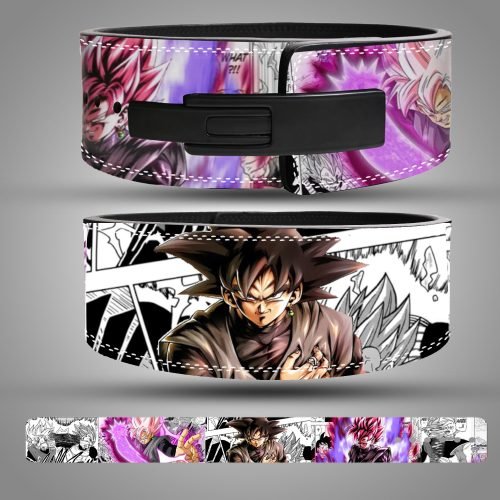 A weightlifting belt featuring artwork of the Dragon Ball character Goku Black. The belt has two main sections: one shows Super Saiyan Rosé Goku Black in color with a purple aura and a comic panel style, and the other shows a close-up of Goku Black's face and upper body in black and white, resembling a manga panel. The belt has a black lever buckle.