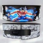 Goku Ultra Instinct Weightlifting Belt featuring anime-inspired blue energy design and manga-style artwork.