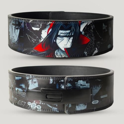weightlifting belt featuring Itachi Uchiha with his red Akatsuki cloak on the back, and dark manga-style panels with a black lever buckle on the front.