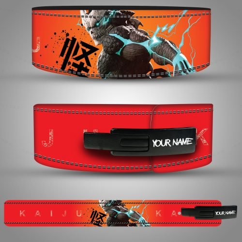 Kaiju-themed custom leather weightlifting belt with electric blue monster design on red and orange background.