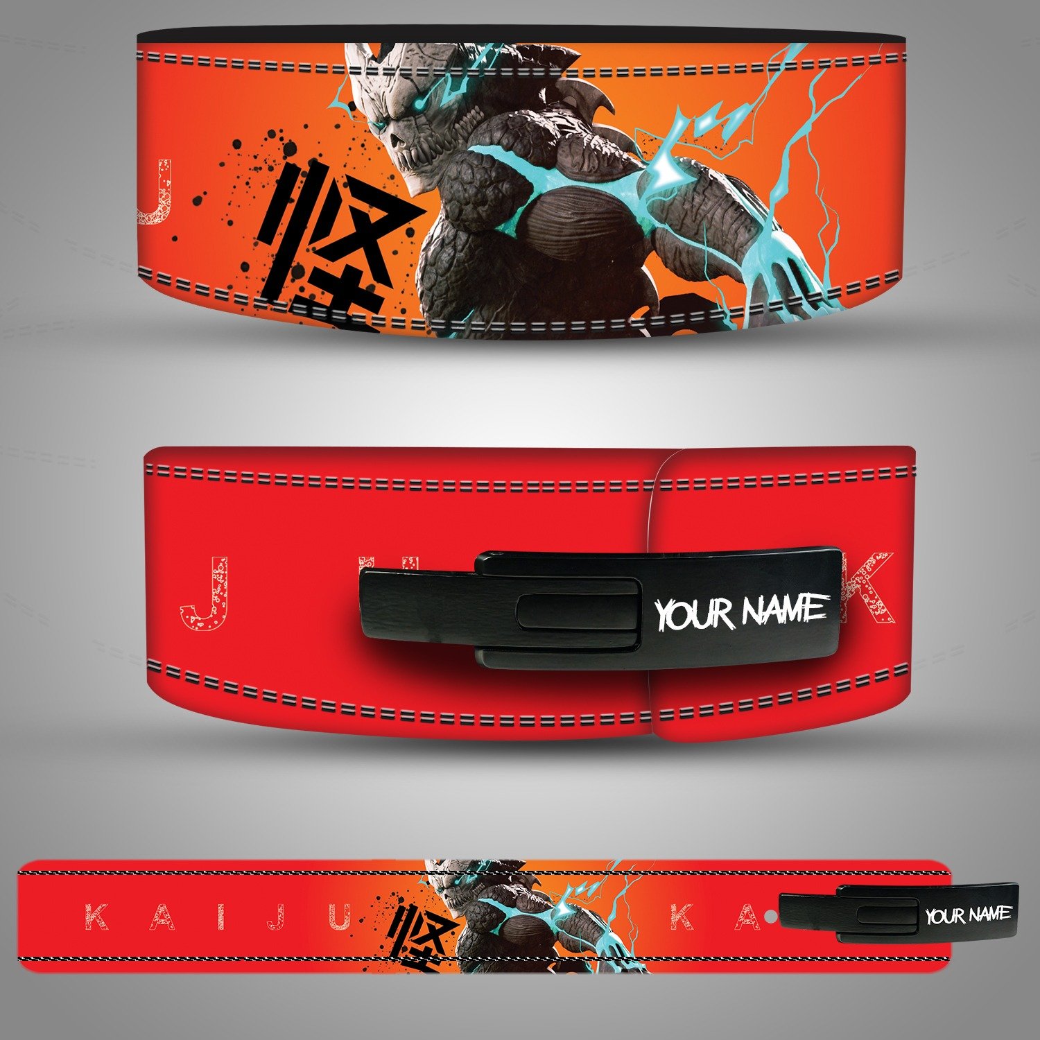 Kaiju Anime weightlifting belt Kaiju-themed custom leather weightlifting belt with electric blue monster design on red and orange background.