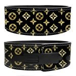 Luxury black and gold LV pattern leather weightlifting belt with lever buckle.