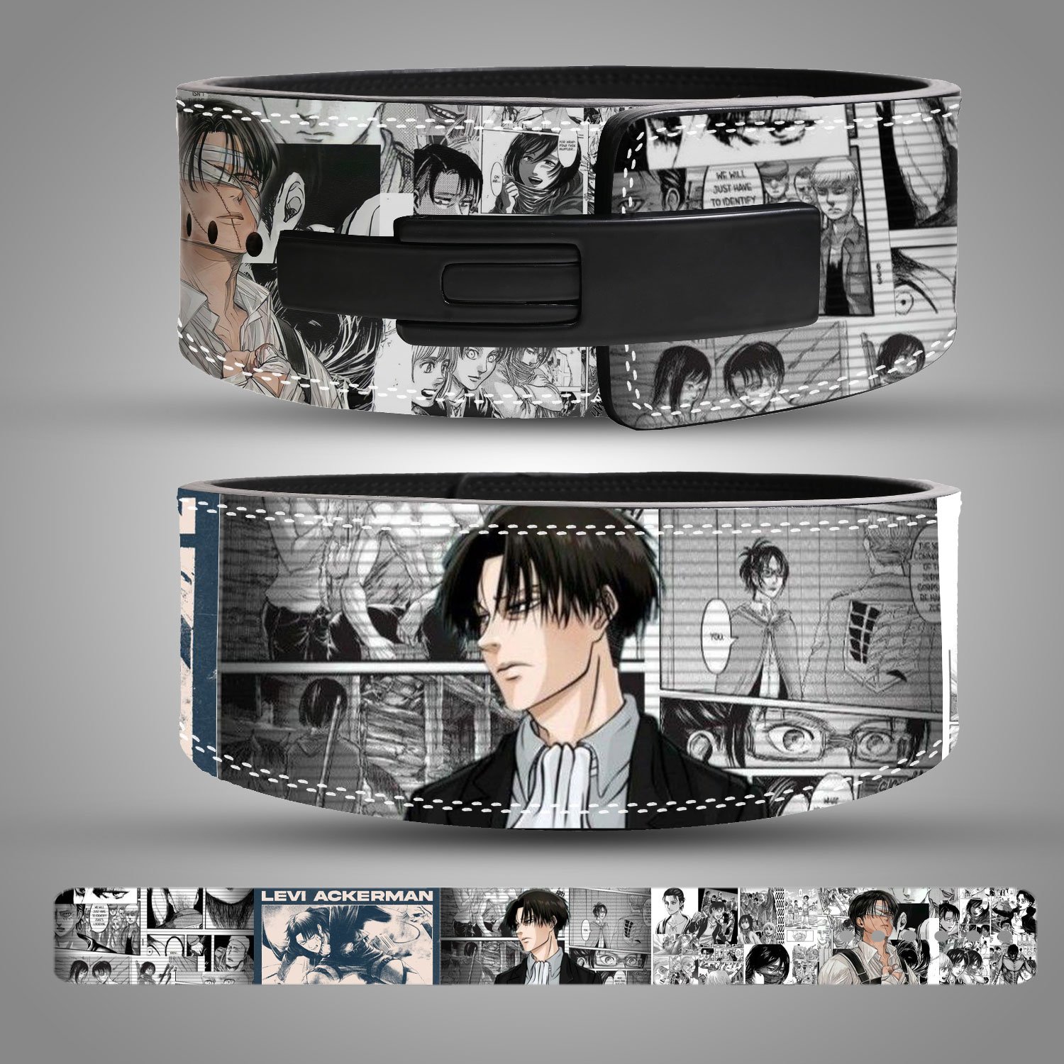 Levi-Ackerman-Weightlifting-Belt Levi Ackerman anime leather weightlifting belt featuring Attack on Titan manga design with durable lever buckle for gym, powerlifting, and bodybuilding.