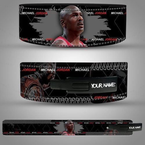 Michael Jordan weightlifting lever belt featuring a bold black design with iconic player graphics and name prints.