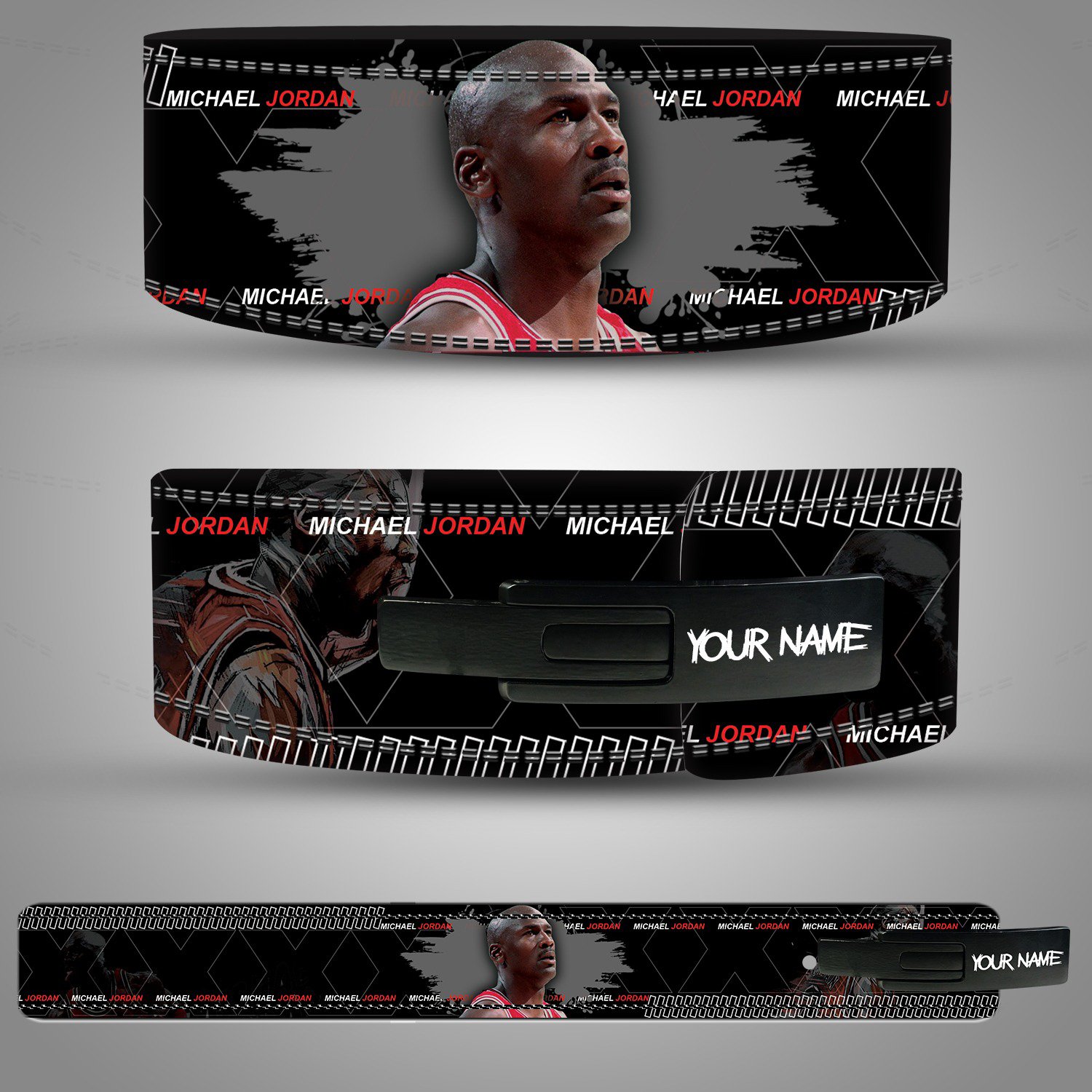 Michael Jordan weightlifting lever belt Michael Jordan weightlifting lever belt featuring a bold black design with iconic player graphics and name prints.