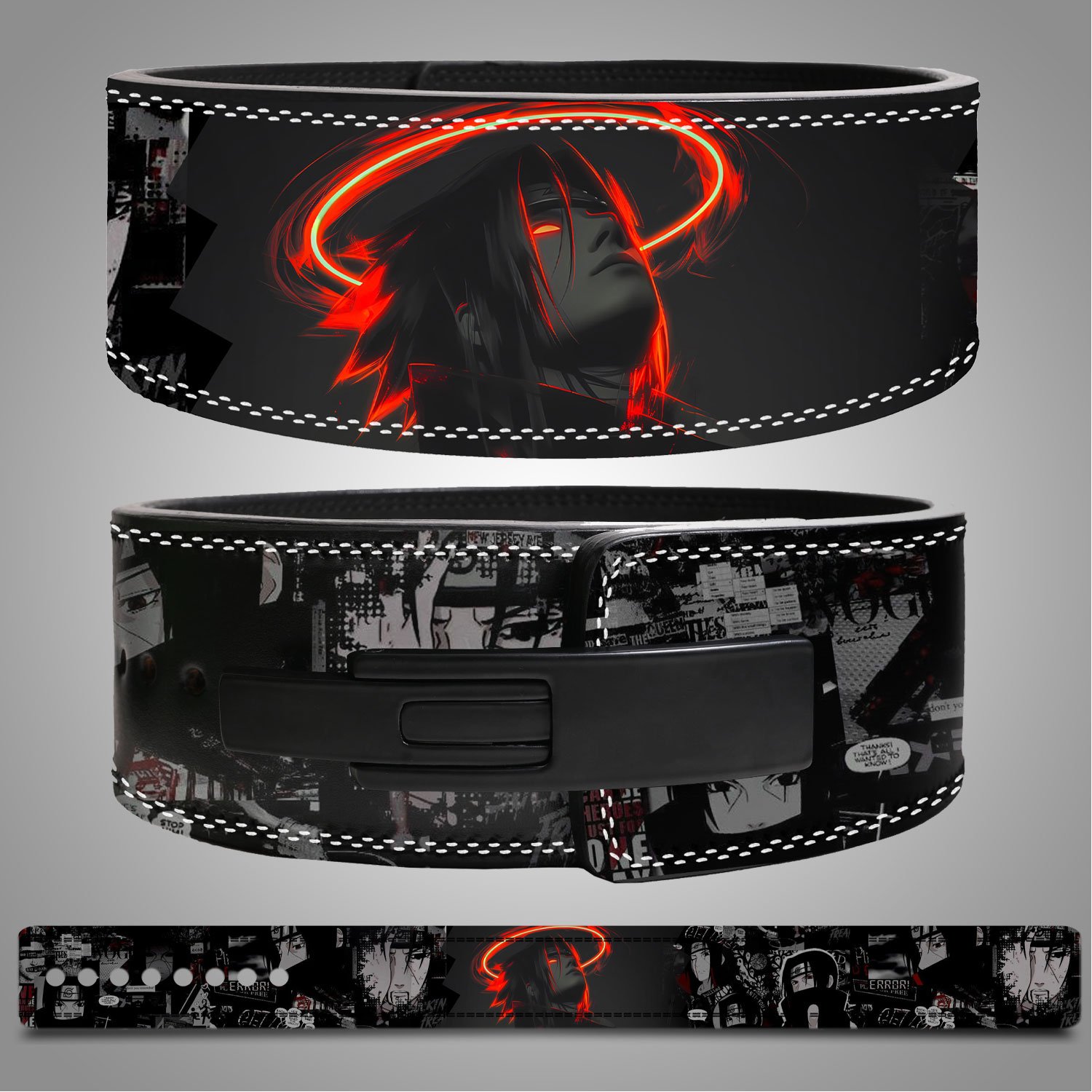 Sasuke Uchiha Anime Weightlifting Belt Sasuke Anime Weightlifting Belt featuring dark manga graphics and a glowing moon background design.
