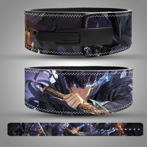 Solo Leveling weightlifting belt featuring the character Sung Jinwoo in a dark, dynamic pose with glowing blue eyes and an Assassin's Dagger. The lifting belt is black with a lever buckle and white contrast stitching.