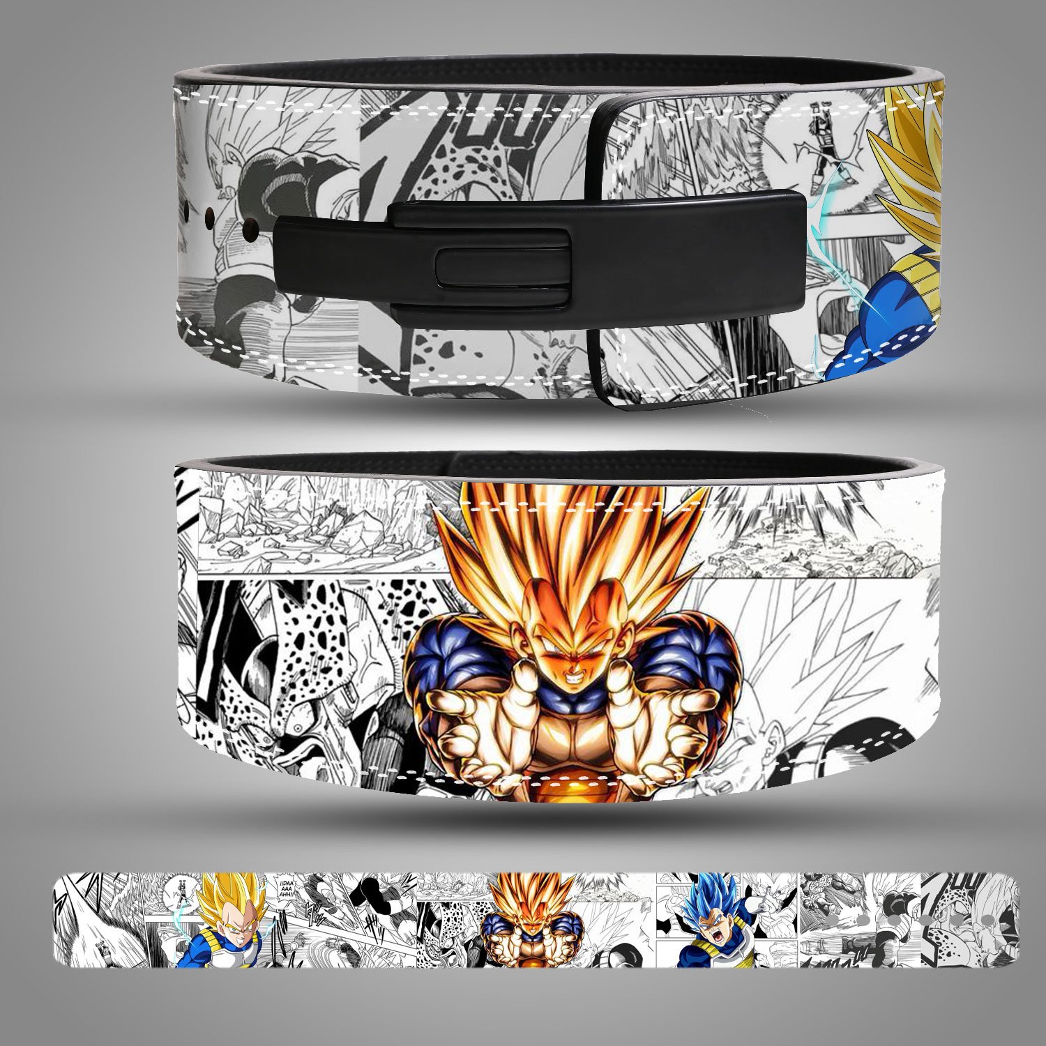 Vegeta-Weightlifting-Belt Vegeta anime leather weightlifting belt featuring Dragon Ball-inspired Super Saiyan artwork and black lever buckle.