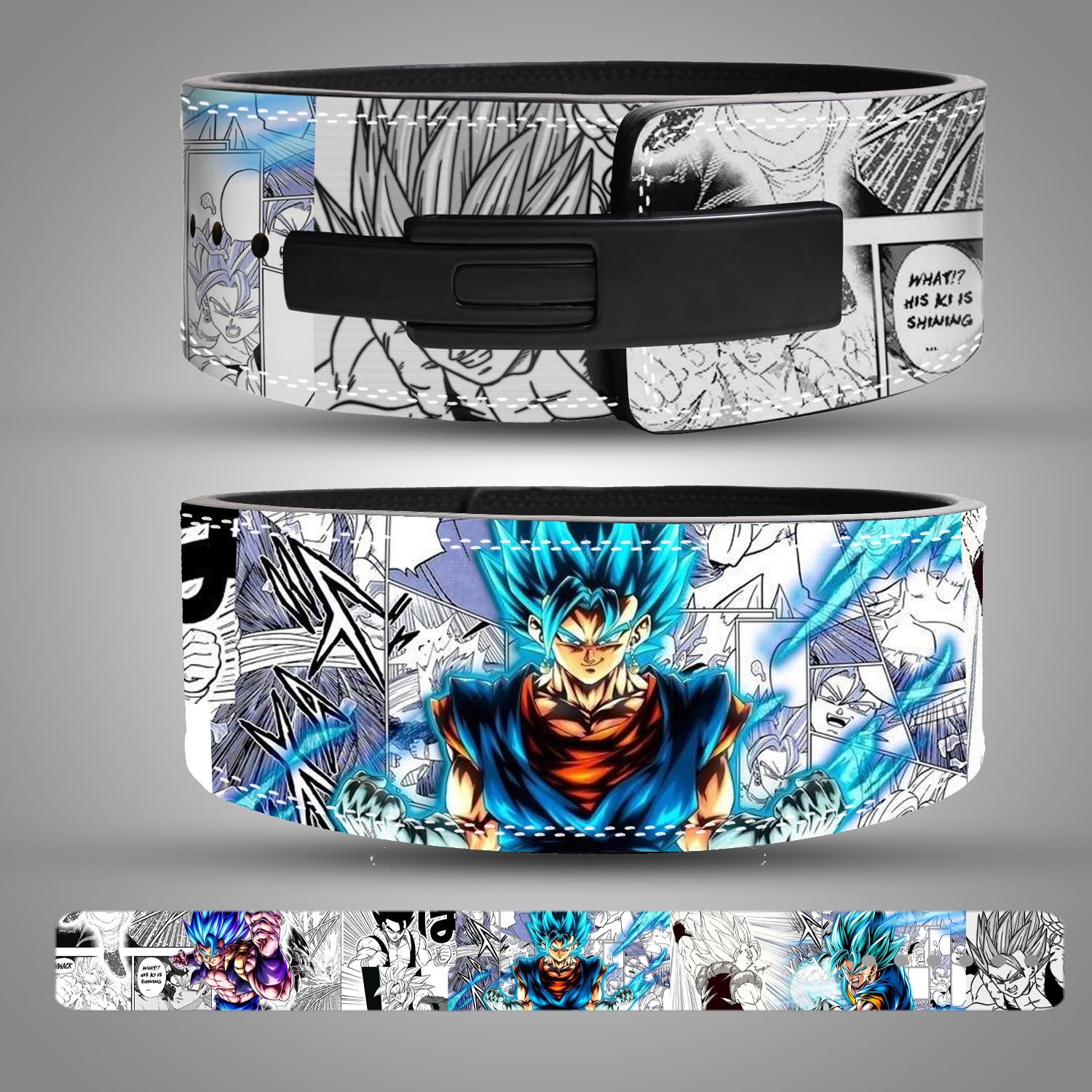 Gogeta-Weightlifting-belt Gogeta leather weightlifting belt featuring blue Super Saiyan design and manga background art.