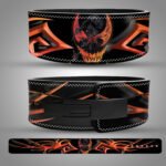 Venom-inspired weightlifting belt featuring dark symbiote artwork with fiery orange and black design and heavy-duty lever buckle.