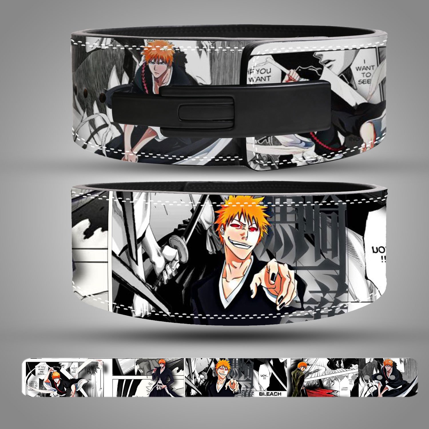 ichigo-kurosaki-Weightlifting-Belt chigo Kurosaki anime leather weightlifting belt with vibrant Bleach-inspired artwork and black lever buckle.