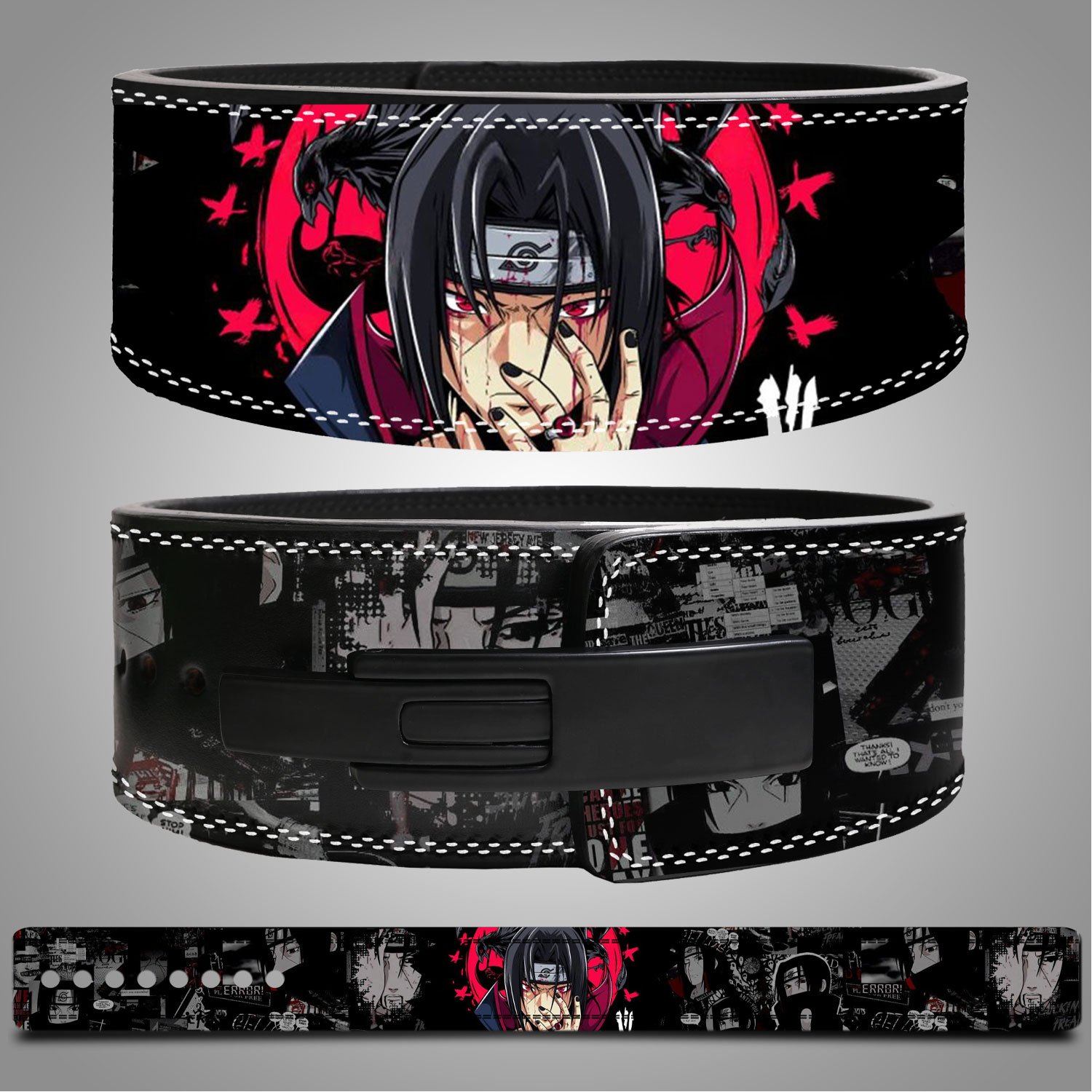 itachi-uchiha-Weightlifting-belt Itachi uchiha Leather weightlifting belt featuring Itachi Uchiha artwork from Naruto series.
